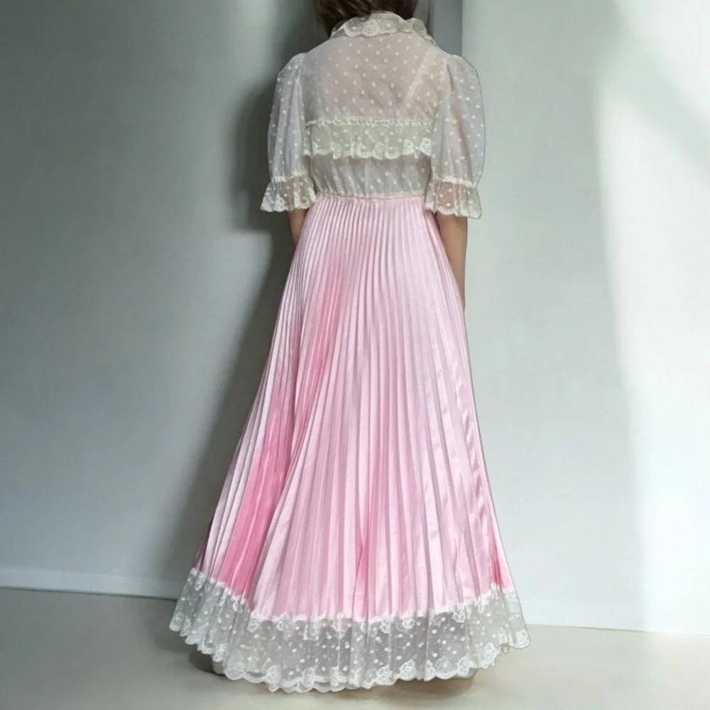Vintage 70s Pink Satin Lace Peignoir Set Slip Dress & Robe Romantic Edwardian - Picture 6 of 16